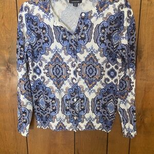Lands' End Navy, Blue & Cream Paisley Button-Front Cardigan